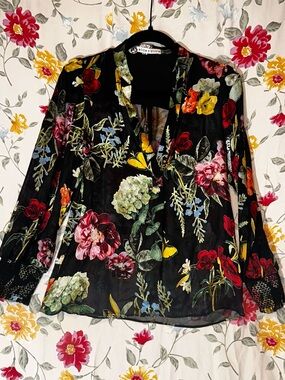 ALICE + OLIVIA SHIELA FLORAL DEVORÉ CHIFFON BLOUSE WOMENS SIZE XS